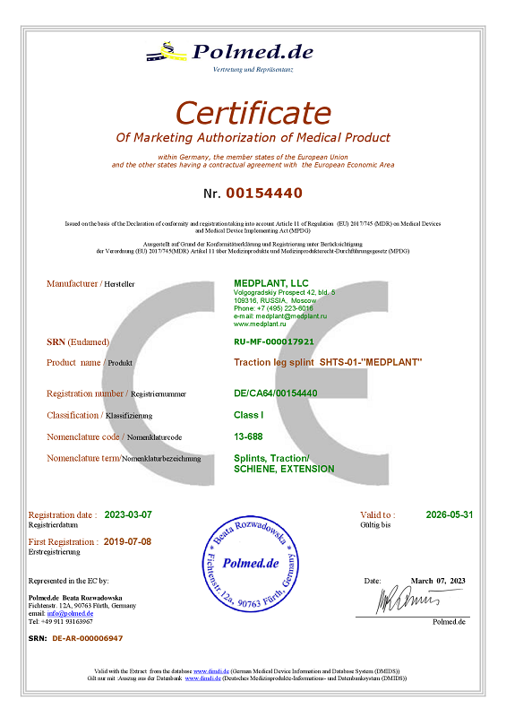 MEDPLANT - Certificate TRACTION SPLINT