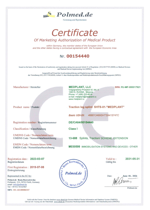 MEDPLANT - Certificate TRACTION SPLINT